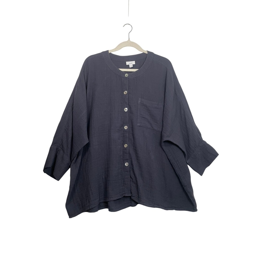 Pure Jill XL Navy Cotton Gauze Oversized Button Front Tunic Shirt Boho Lagenlook